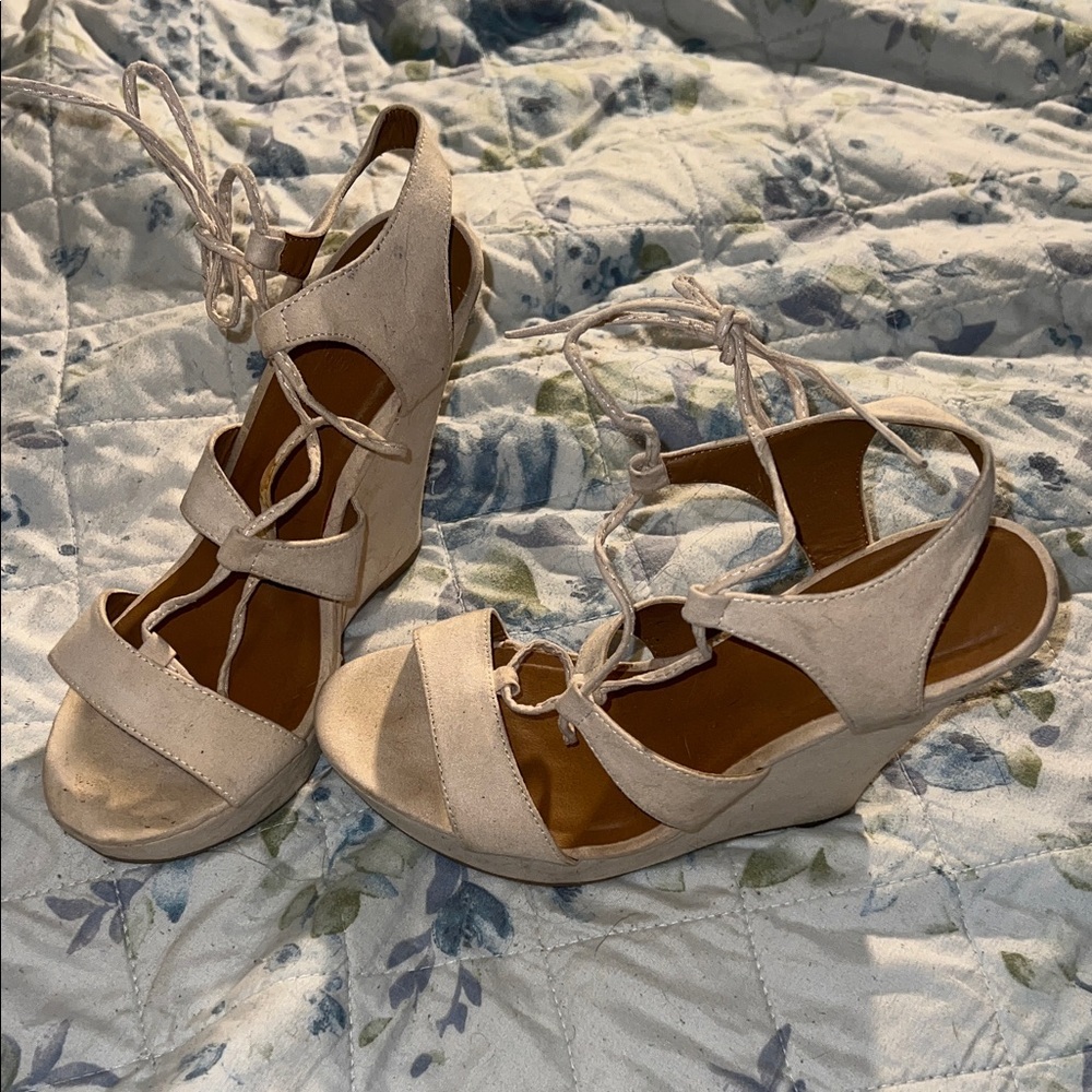 Charlotte Russe Cream Lace-Up Wedge Sandals